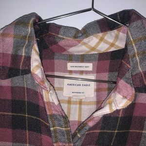 American Eagle pink, yellow, and grey flannel